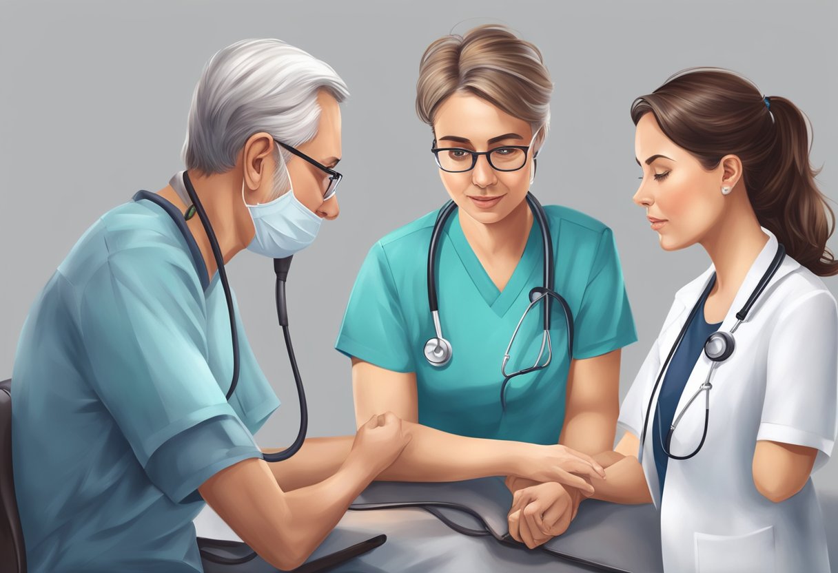 A doctor uses a stethoscope to listen to a patient's heart, while a nurse takes blood pressure and checks for any signs of heart disease