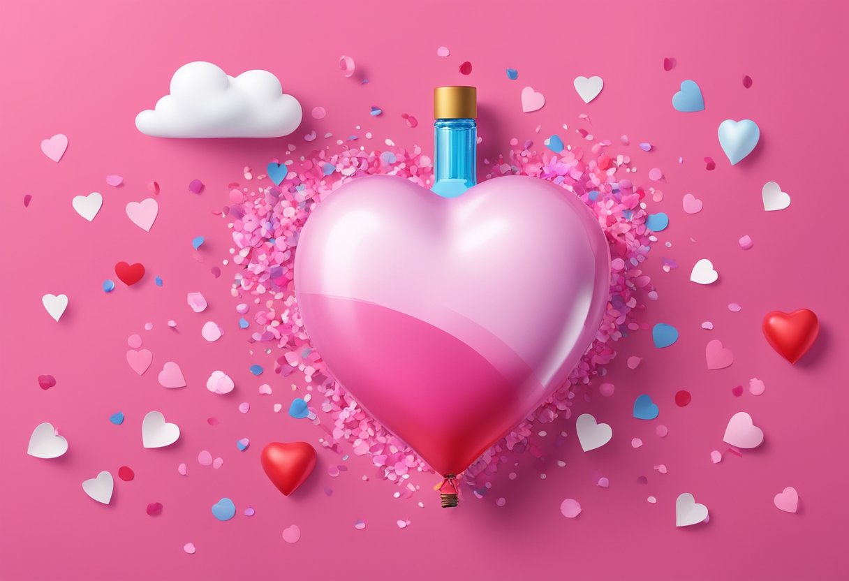 A heart-shaped balloon floats above a bottle of doxazosin, surrounded by a cloud of pink and red confetti