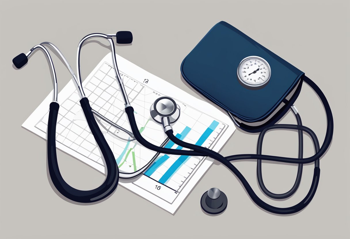 A stethoscope placed on a desk next to a blood pressure cuff and a chart displaying elevated readings