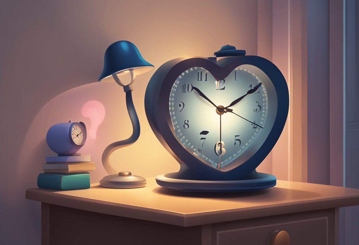 A heart-shaped clock on a nightstand, its hands spinning rapidly as the room darkens. A question mark hovers above, emitting a soft glow