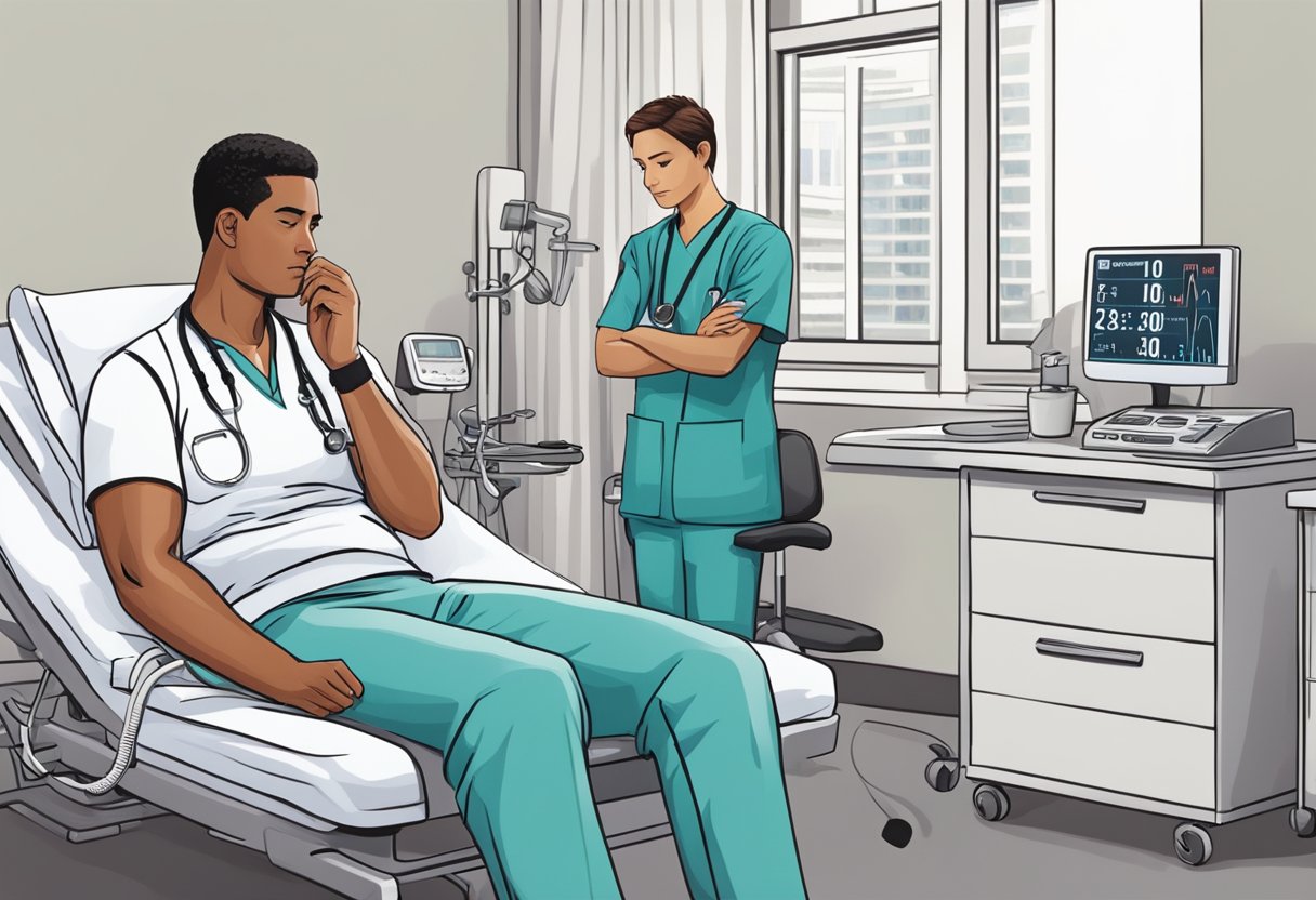 A person sitting on a hospital bed, wearing exercise clothes, with a concerned expression, while a doctor reviews a heart rate monitor and takes notes