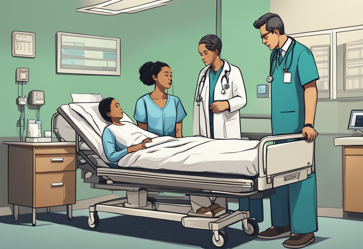 A hospital bed with medical equipment, a distressed family, and a doctor in a tense conversation