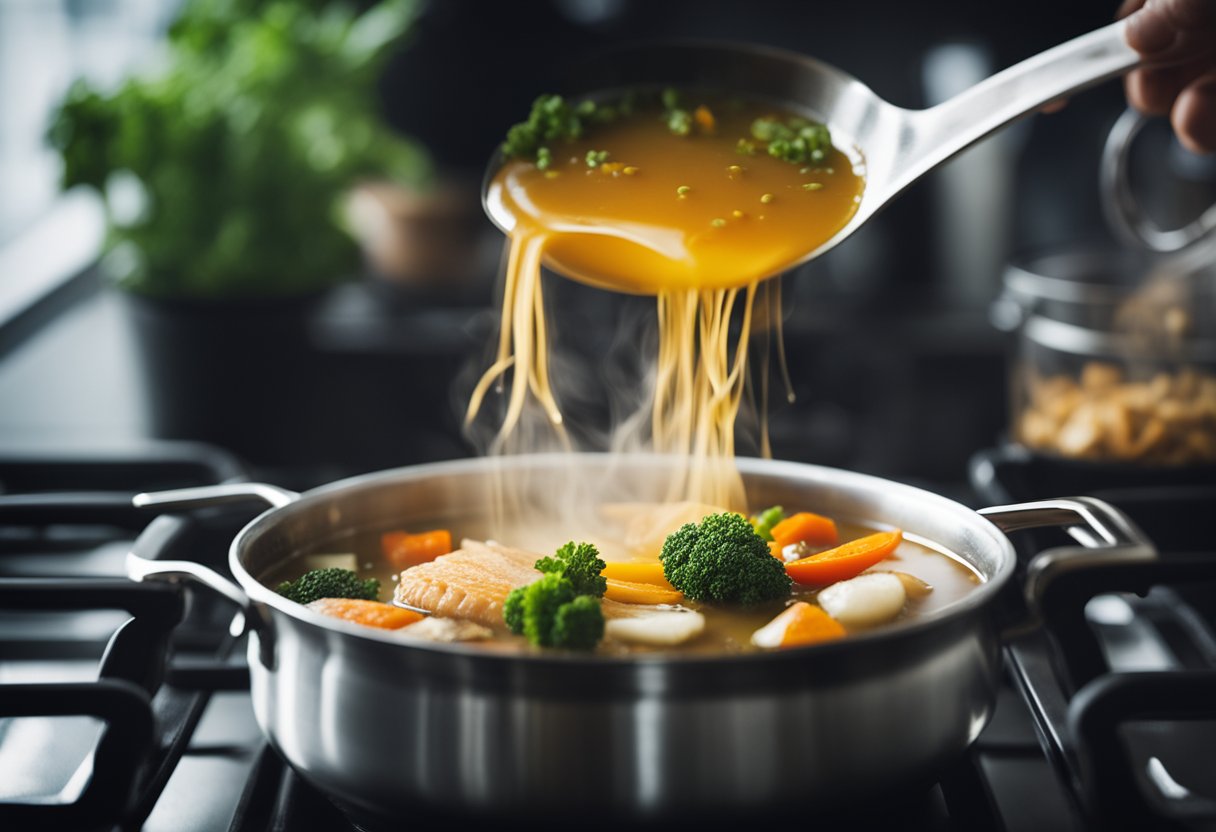 A pot simmering on a stove, filled with broth, fish, and vegetables. Steam rises as a spoon stirs the ingredients together