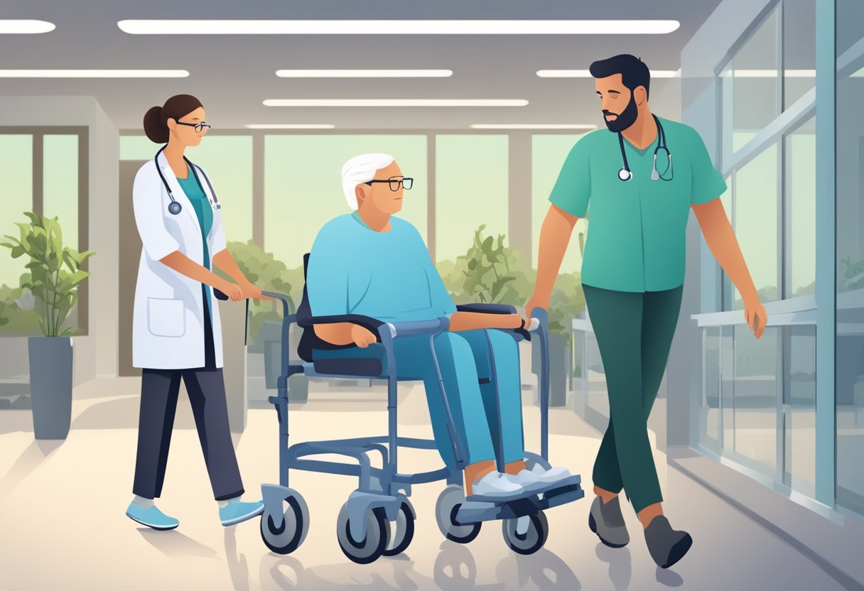 A person walking slowly with a physical therapist, using a walker for support, surrounded by medical equipment and a calm, supportive environment