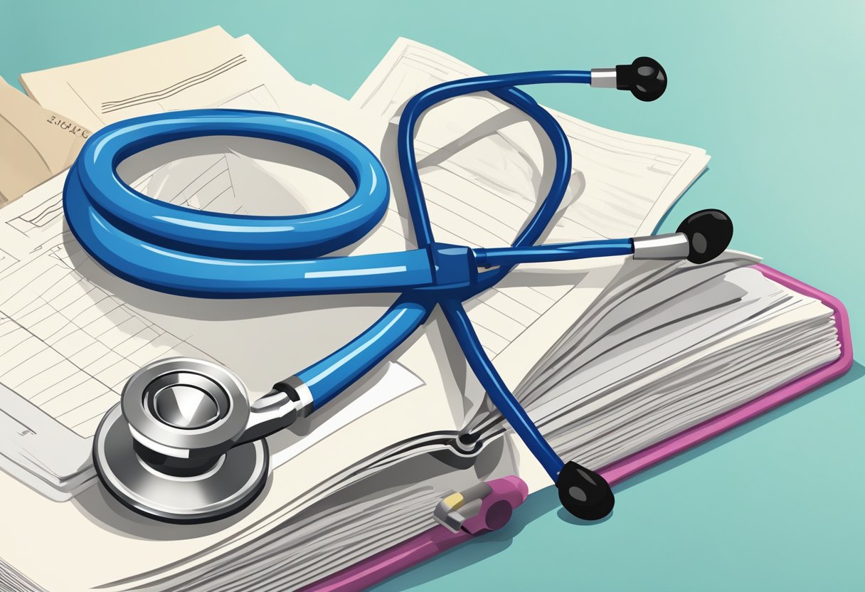 A stethoscope and a stack of cardiology journals on a desk