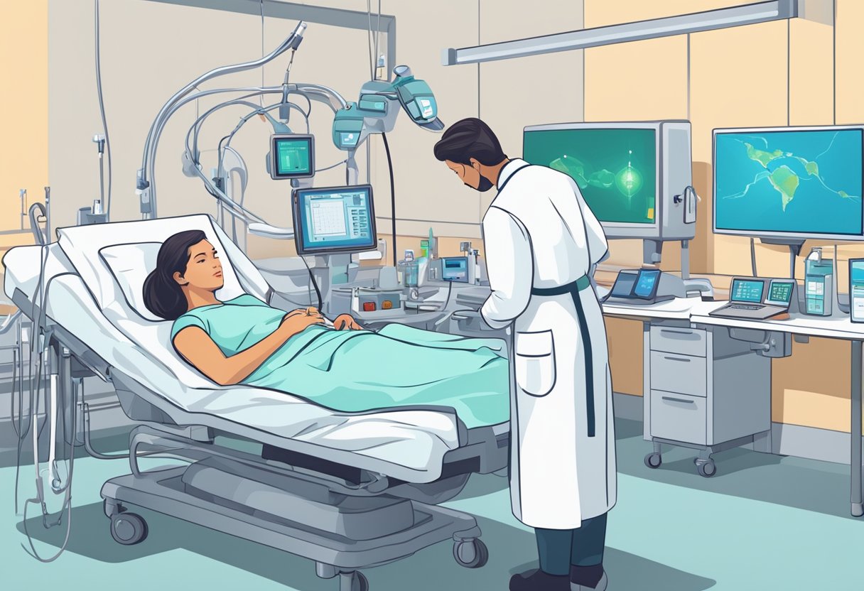 A woman lying in a hospital bed, surrounded by medical equipment and monitors. A doctor is checking her vital signs while a nurse adjusts the IV drip