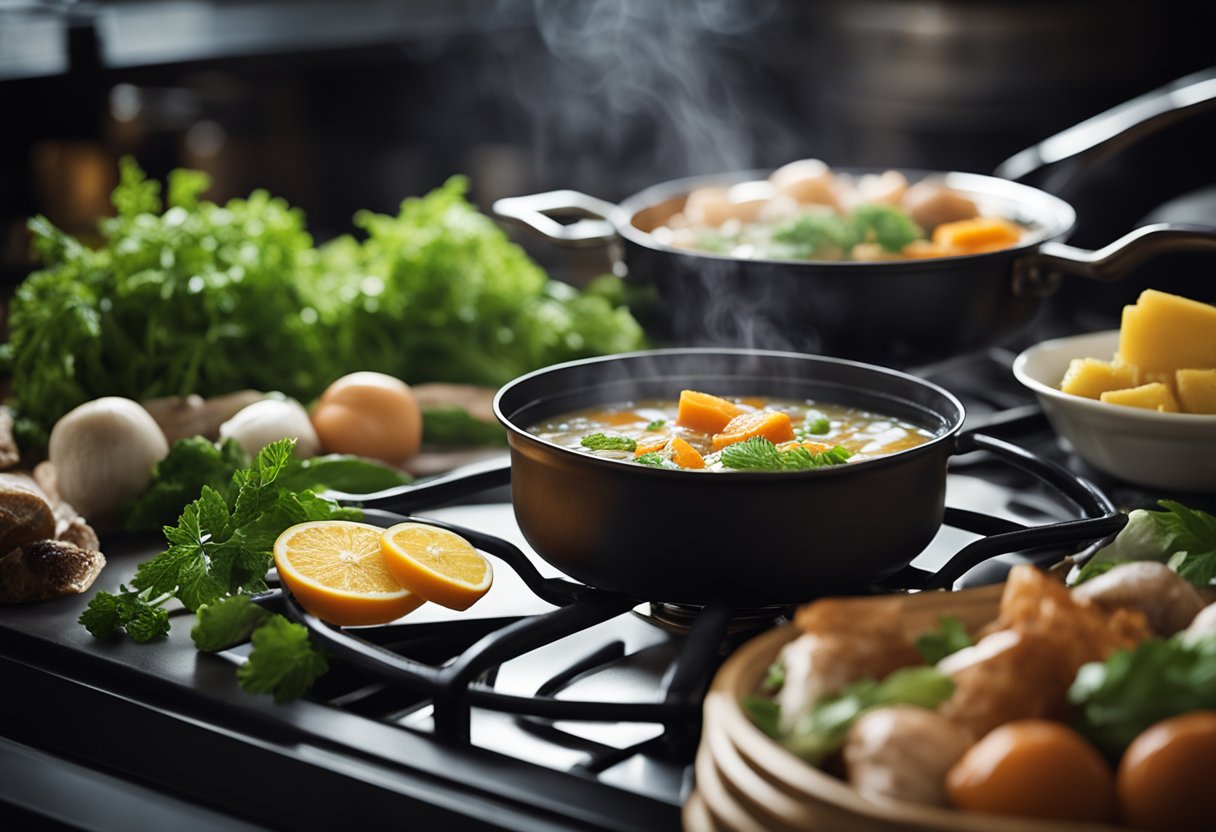 A pot simmering on a stove with various fresh ingredients being added to create a simple fish soup