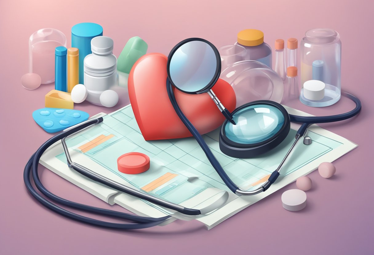 A heart with a magnifying glass over it, showing signs of enlargement. A doctor's stethoscope and prescription medication nearby. Healthy lifestyle symbols in the background