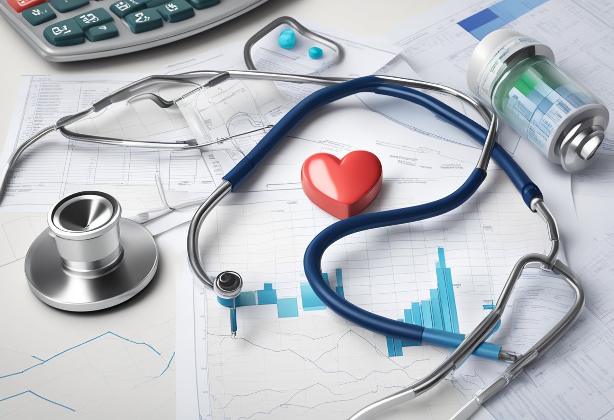 A heart-shaped container of doxazosin pills surrounded by medical charts and a stethoscope, symbolizing its efficacy in treating heart failure