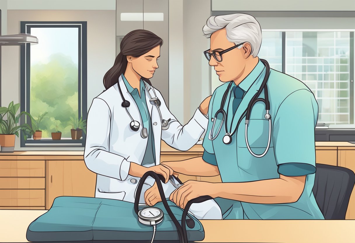 A doctor administers cardiology tests for high blood pressure
