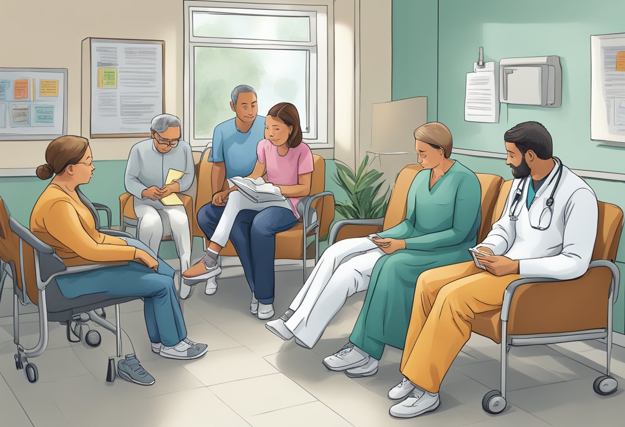 A patient's family reads a pamphlet titled "What to Expect After Open Heart Surgery" in a hospital waiting room