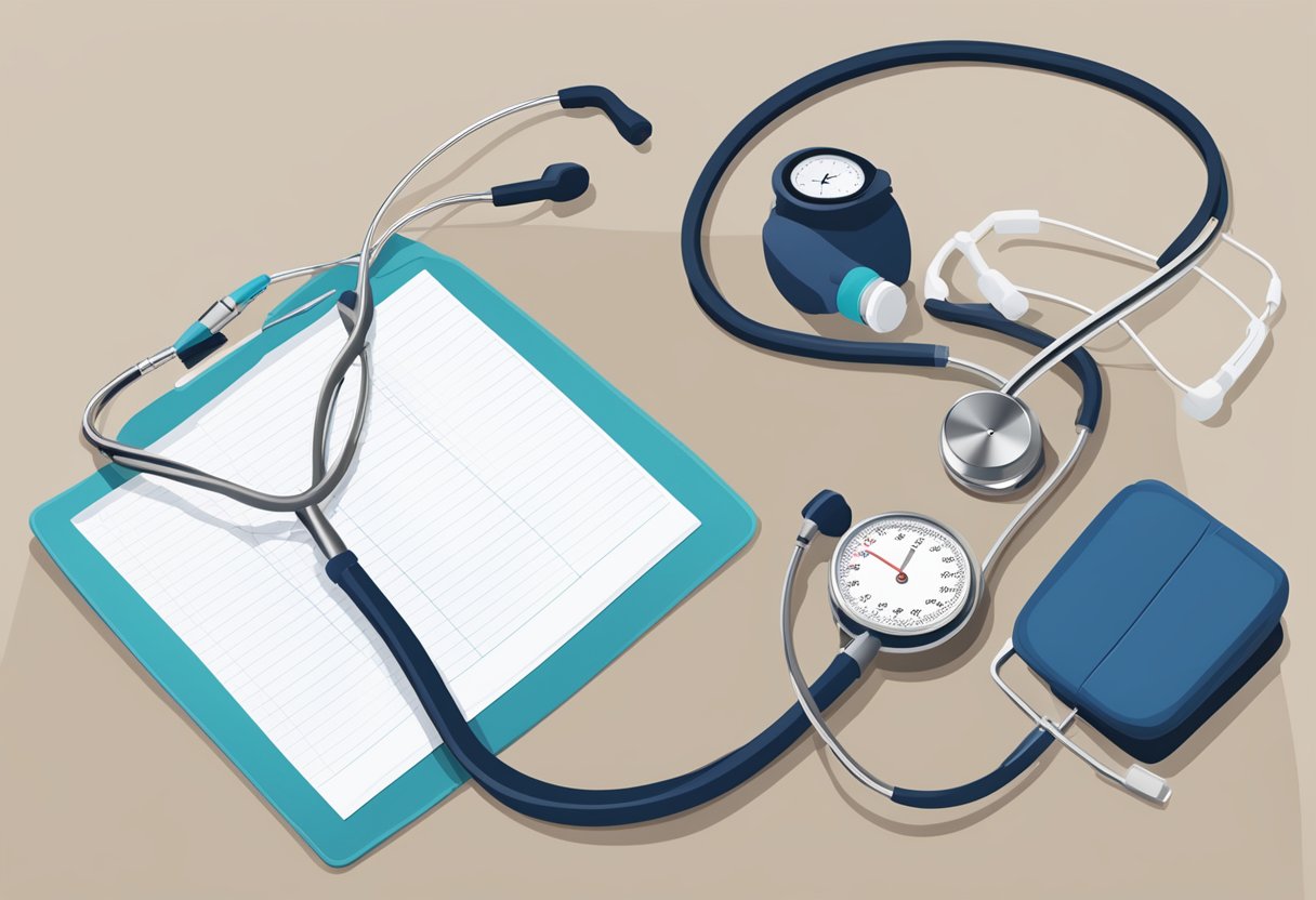 A stethoscope on a table next to a blood pressure cuff and a heart rate monitor, with a clipboard and pen for recording results