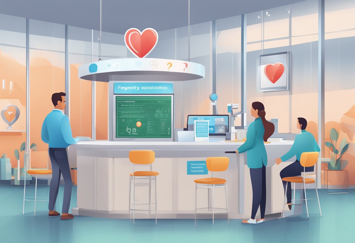 A heart-shaped health screening station with a "Frequently Asked Questions" sign displayed prominently