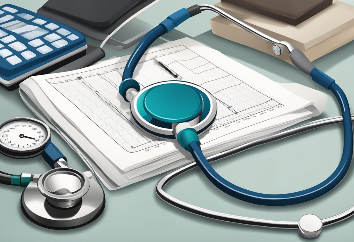 A stethoscope placed on a desk next to a blood pressure cuff and an EKG machine. A cardiology textbook open to a page on common tests