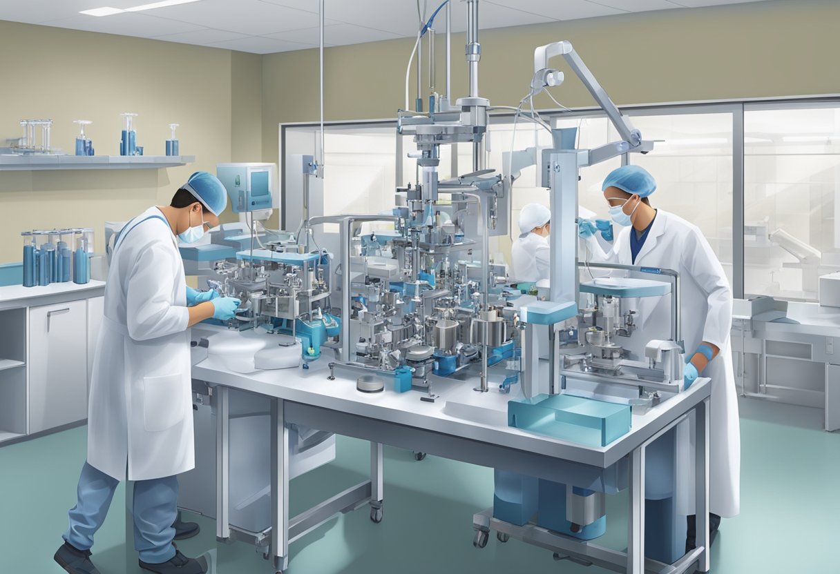 A lab with technicians assembling heart valves from medical-grade tissues and advanced machinery
