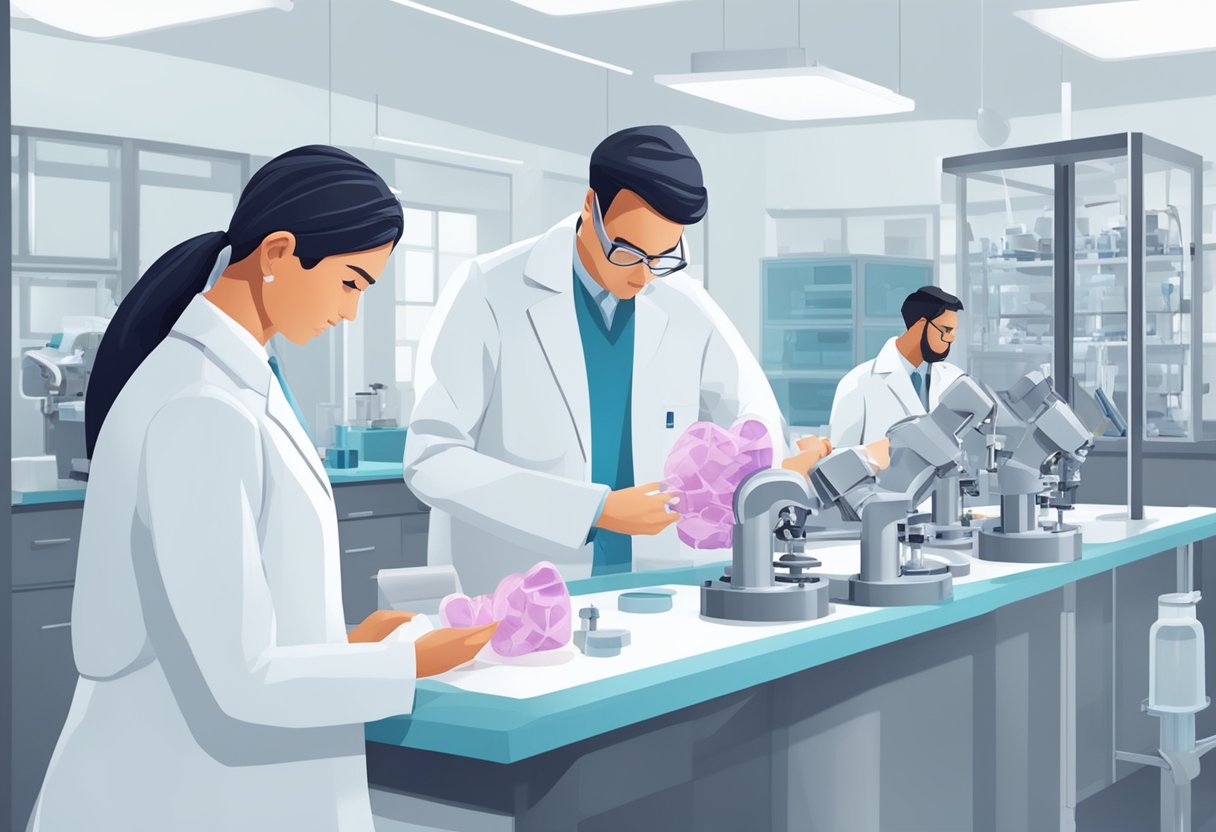 A group of professionals discussing and examining tissue heart valve manufacturing processes in a modern and clean laboratory setting