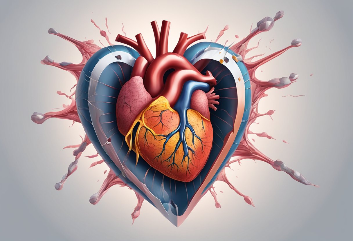 A sharp object pierces through the heart, creating a hole in the delicate tissue. Blood oozes out, causing the heart to weaken and struggle to pump effectively