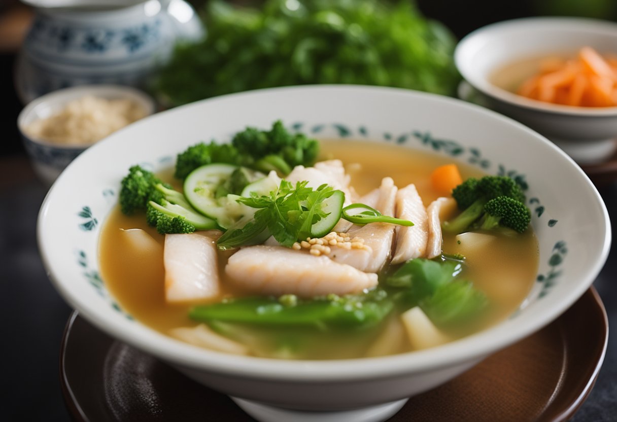 A steaming bowl of sliced fish soup with clear broth, tender fish slices, and fresh green vegetables, served in a traditional Singaporean hawker center
