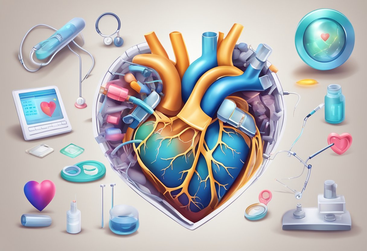 A heart with a hole forming due to genetic factors and abnormal development, surrounded by medical equipment and genetic markers