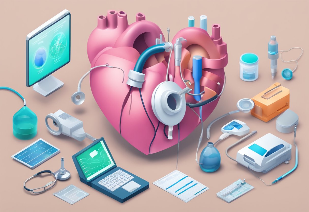 A heart with a visible hole, surrounded by medical equipment and diagnostic tools. Treatment options displayed nearby