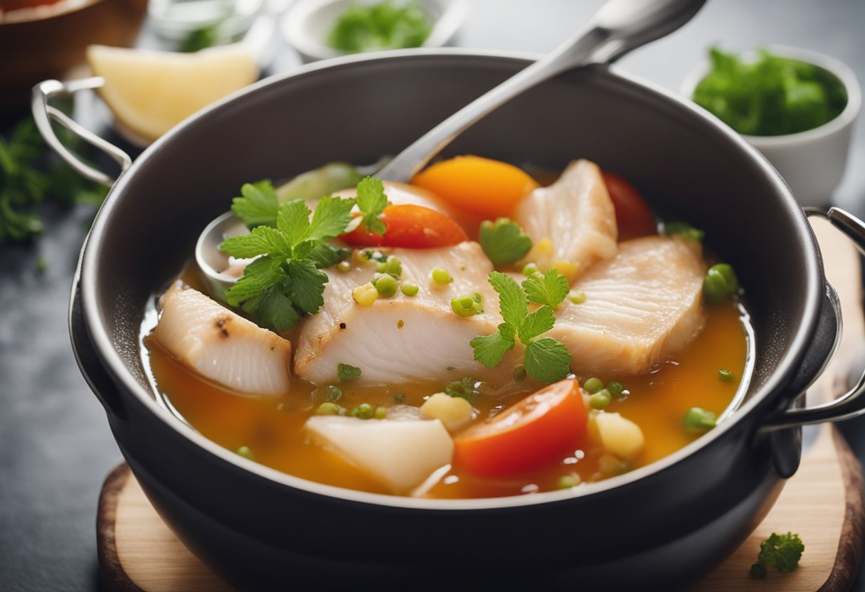 Sliced fish, ginger, tomatoes, and broth simmer in a pot. A chef adds seasoning and stirs the fragrant soup