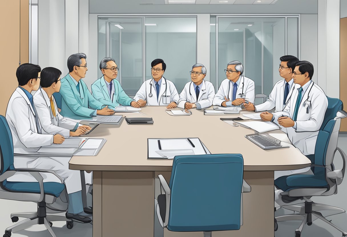 A group of renowned cardiologists in a Singapore hospital conference room, discussing innovative treatments and advancements in heart care