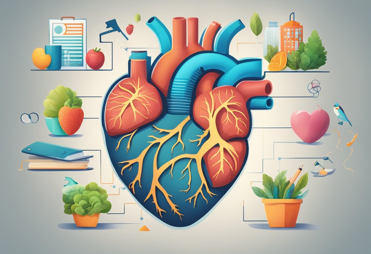 A heart skipping a beat while exhaling, surrounded by lifestyle factors like stress, smoking, and poor diet