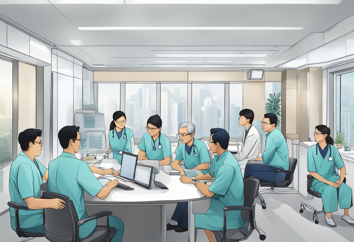 A group of cardiologists in Singapore discussing complex medical cases and sharing expertise in a modern hospital setting