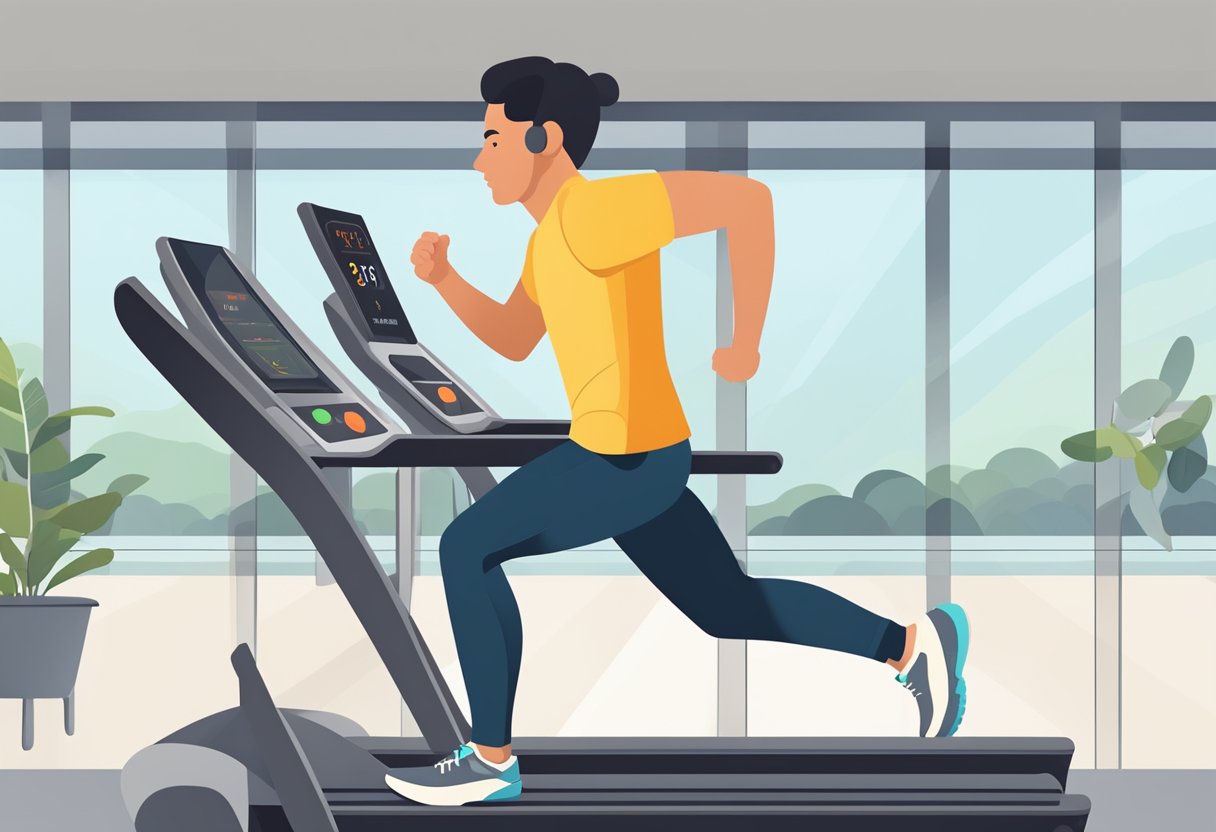 A person running on a treadmill with a heart rate monitor displaying different zones: recovery, endurance, tempo, threshold, and maximum