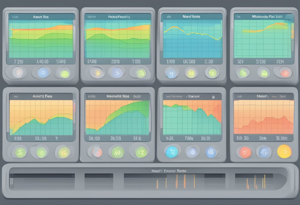 A heart rate monitor displays different zones: resting, fat-burning, aerobic, anaerobic, and max. The monitor shows the current heart rate within the specific zone