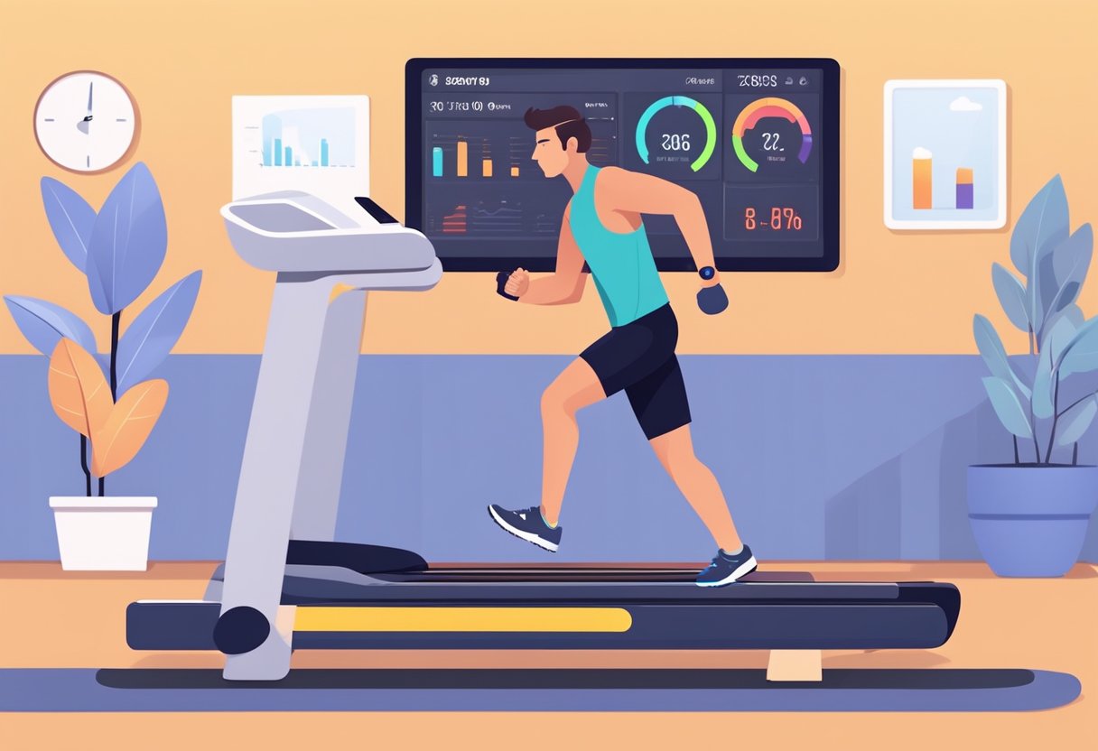 A person wearing a fitness tracker runs on a treadmill, with a heart rate monitor displaying different zones. The trainer adjusts the speed and incline based on the zones