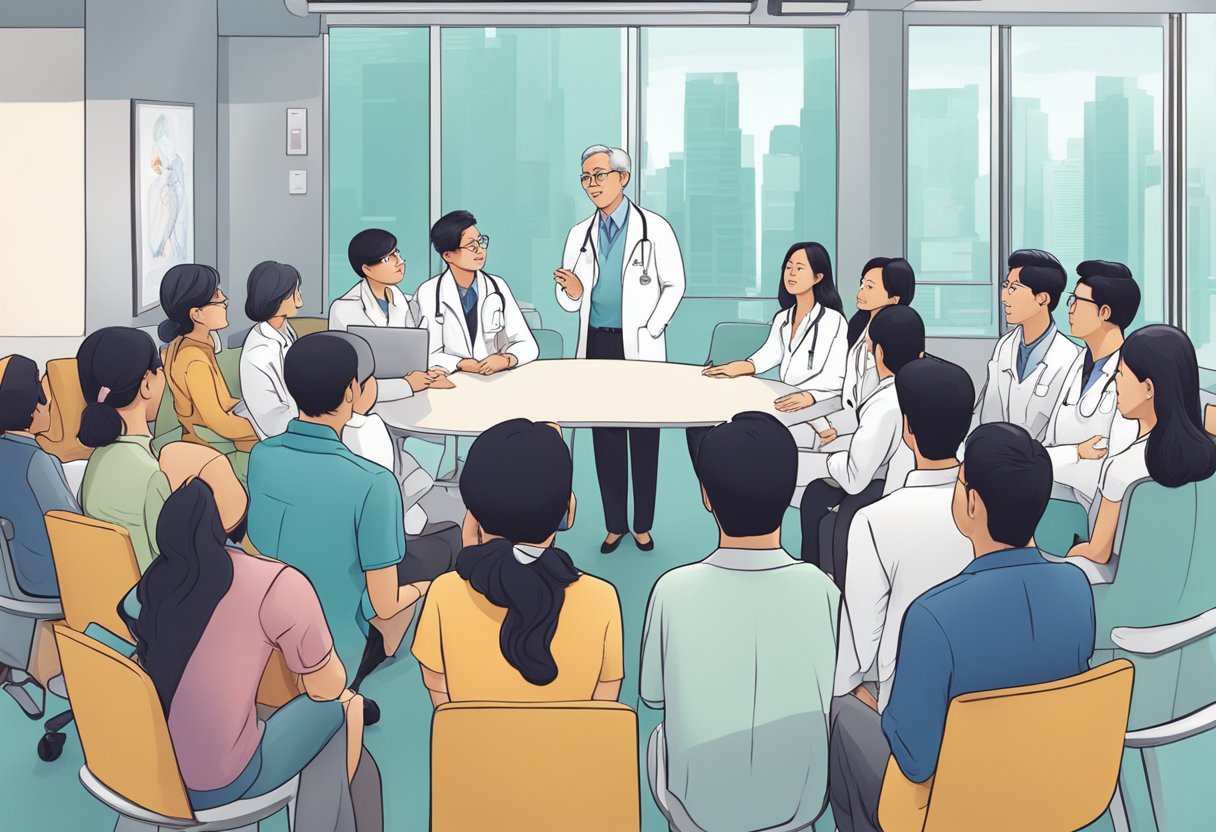 A group of people gathered around a renowned cardiologist in Singapore, asking questions and engaging in conversation