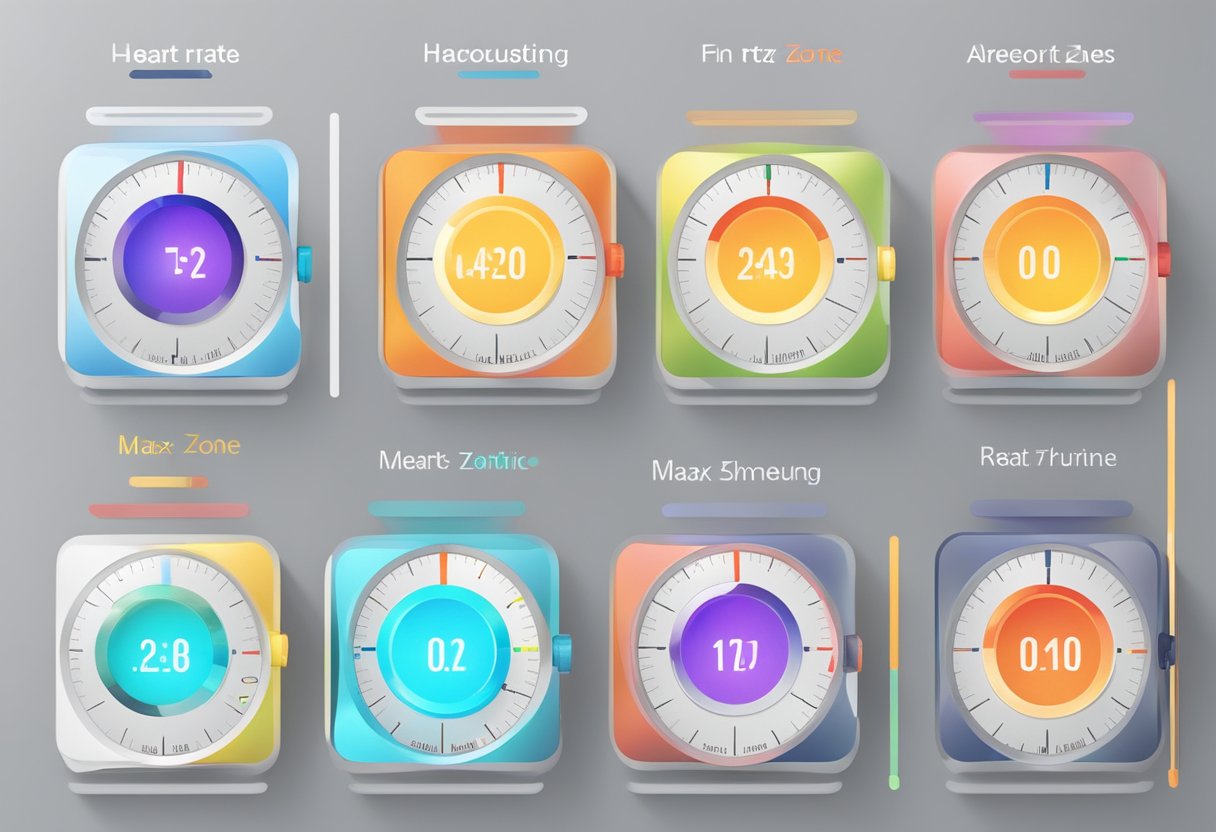 A heart rate monitor displaying different zones: resting, fat-burning, aerobic, anaerobic, and max