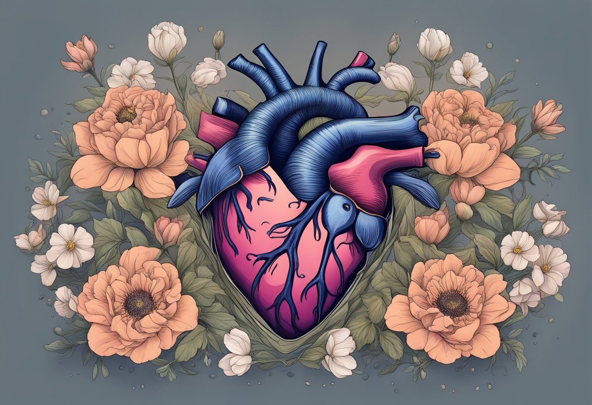 A still heart lies silent, surrounded by fading color and wilting flowers