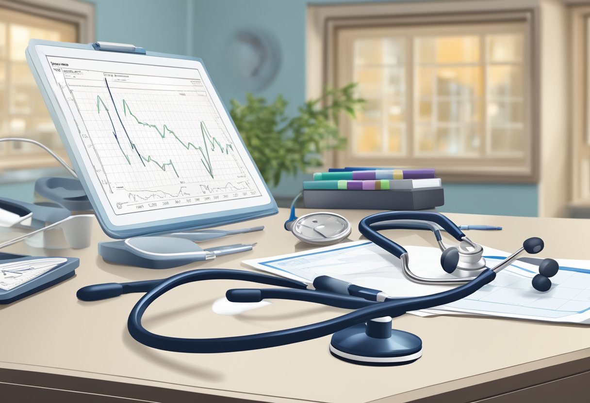A stethoscope and EKG monitor sit on a desk with a medical chart labeled "PPI" in a cardiology office