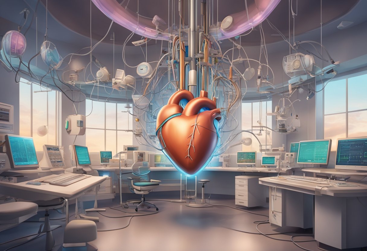A heart-shaped organ suspended in mid-air, surrounded by electrical signals and medical equipment