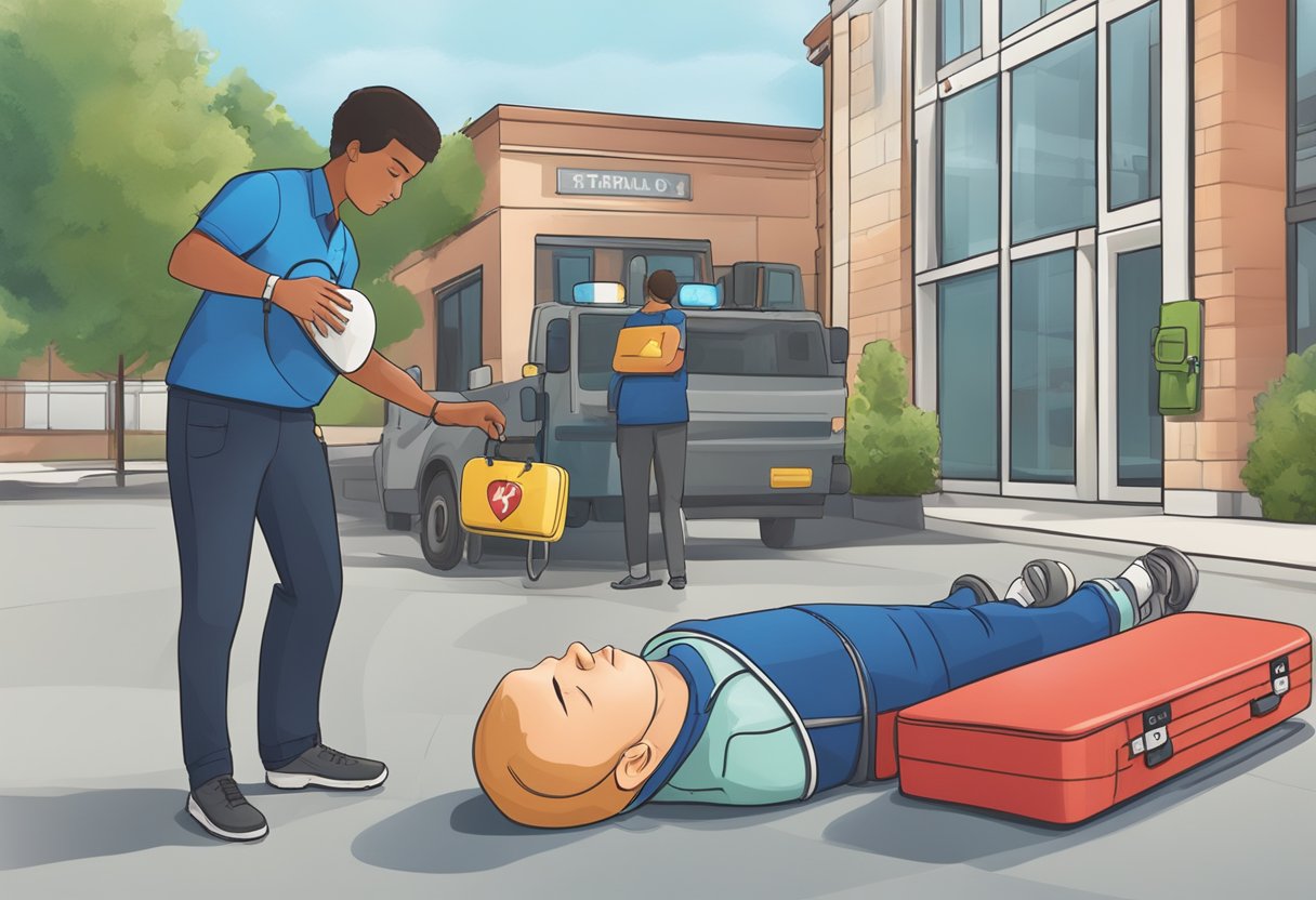 A defibrillator is applied to a still heart, while a bystander calls for emergency services. Nearby, signs of CPR training and AED access are visible