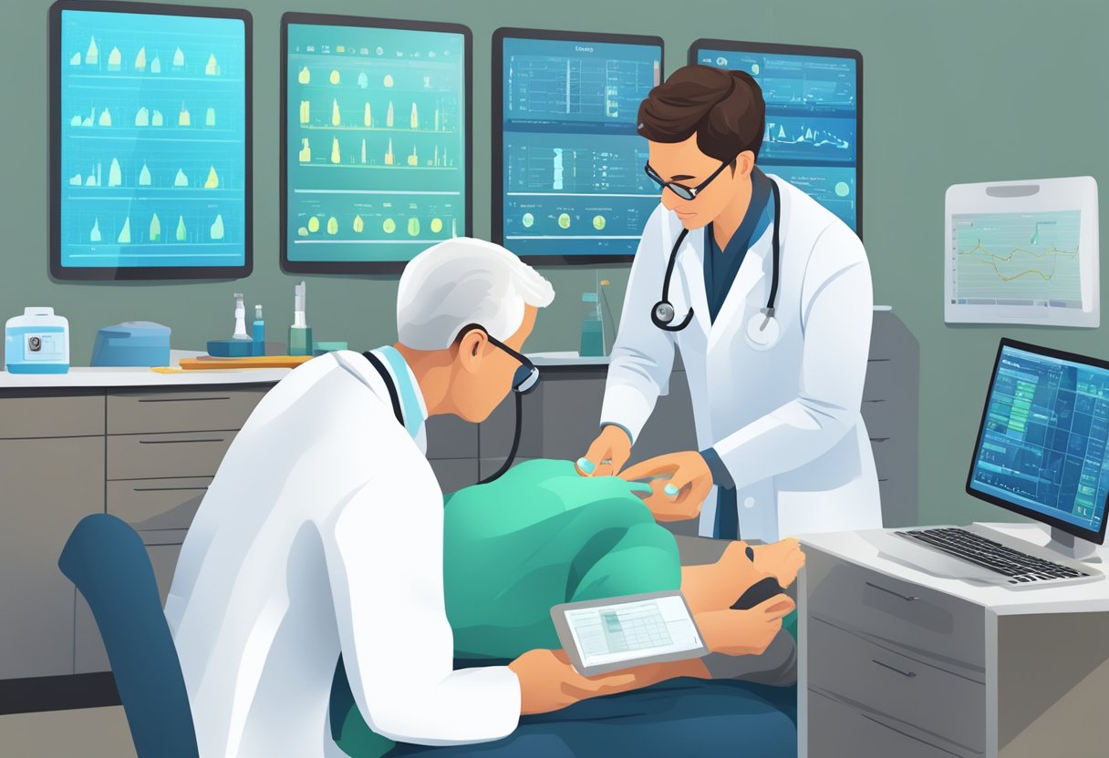 A doctor carefully monitors a patient's vital signs during a medical procedure, ensuring to manage risks and potential side effects of the prescribed PPI medication