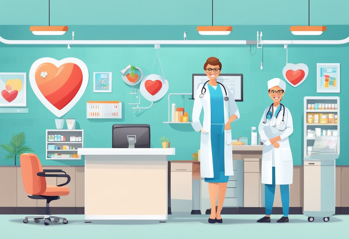 A bright, modern clinic with heart-shaped decor, medical equipment, and cheerful staff