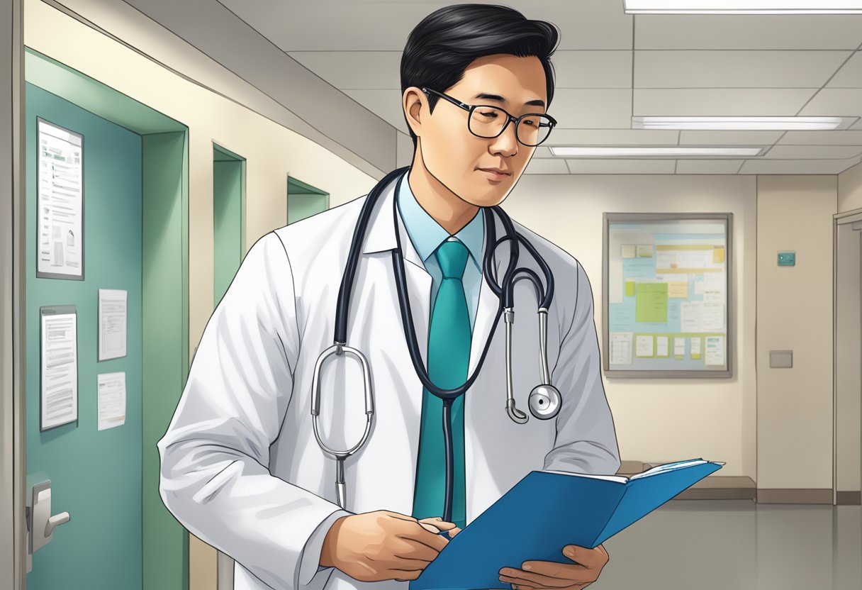 Dr. Alfred Cheng, a cardiologist, standing in a hospital hallway with a stethoscope around his neck, looking at a patient's chart