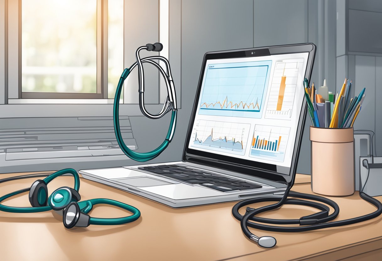 A stethoscope resting on a desk, next to a computer displaying heart rhythm graphs