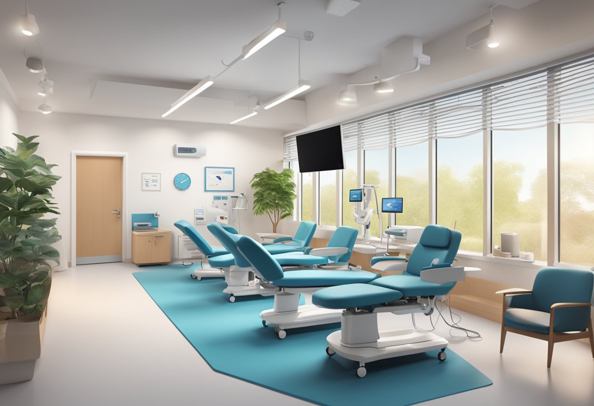 A bright, modern clinic with heart-shaped logo and state-of-the-art equipment. Patients relax in comfortable chairs while staff assist with care