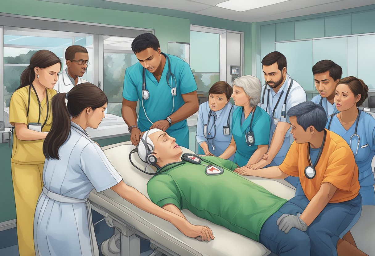 A defibrillator charging, medical staff preparing, and onlookers watching as the heart stops beating