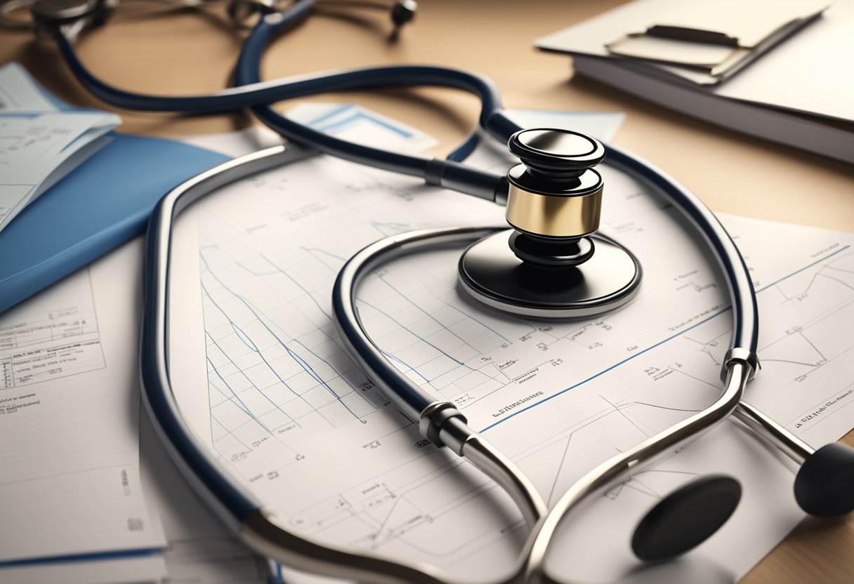 A stethoscope and medical charts on a desk with a diploma and heart model in the background