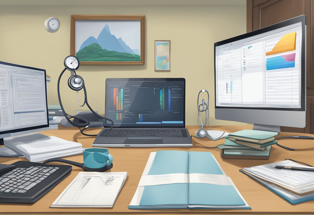 A stethoscope, medical textbooks, and a diploma hang on the wall of Dr. Alvin Ng's office, while a computer and medical equipment sit on his desk