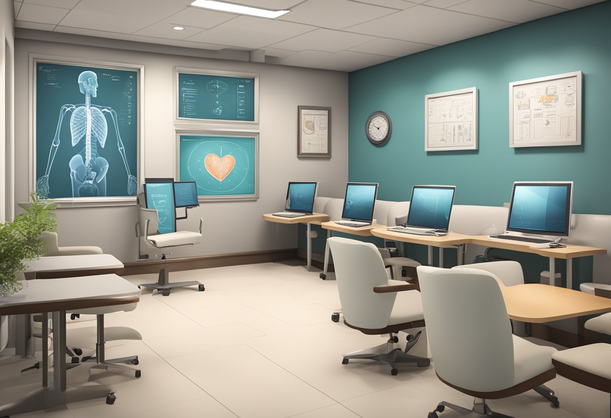 The tsquared cardiology office is filled with modern medical equipment and comfortable seating. The walls are adorned with educational diagrams and soothing artwork