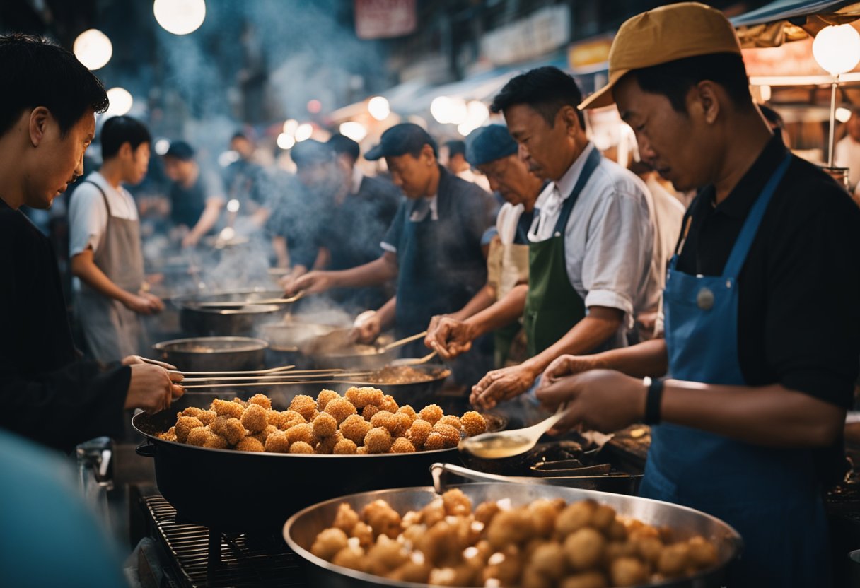 A bustling street market with vendors frying squid balls, surrounded by eager customers. The aroma of sizzling seafood fills the air as the popular street food draws in a diverse crowd