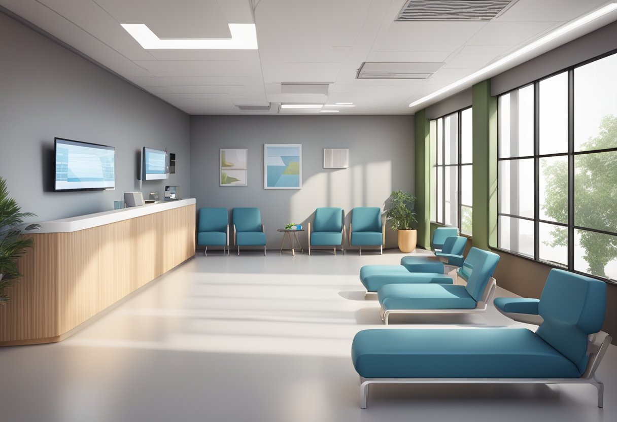 A modern cardiology clinic with sleek design, state-of-the-art equipment, and comfortable waiting area
