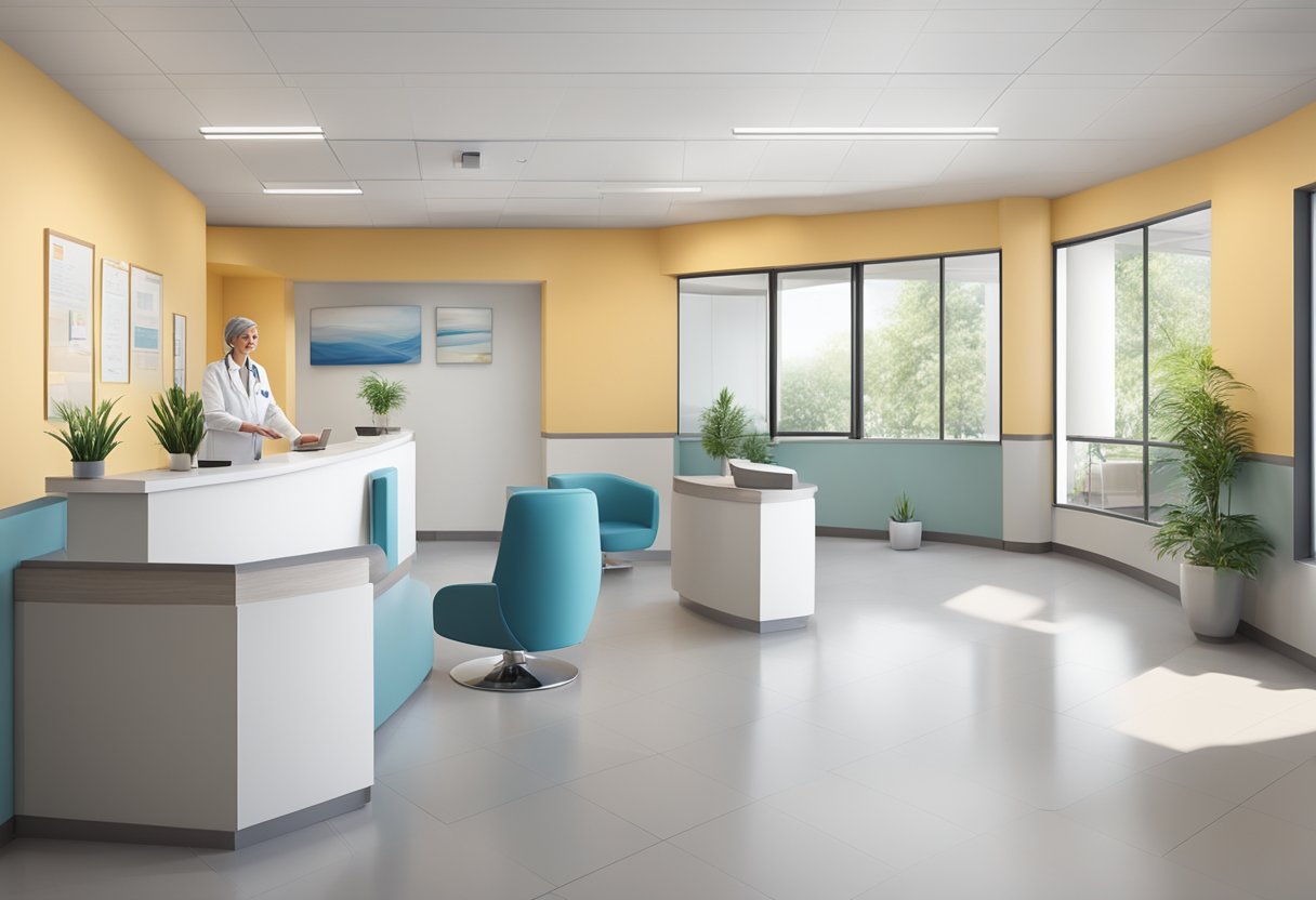 A modern clinic with a welcoming reception area, informational brochures, and a professional staff assisting patients