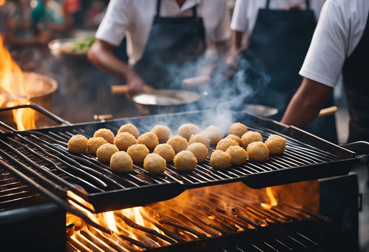 Squid balls being prepared and cooked on a sizzling hot grill at a bustling street food stall. Smoke rising, aroma filling the air